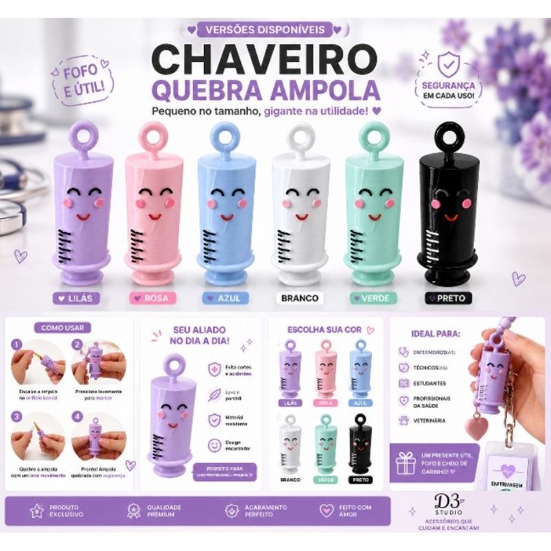 Chaveiro Quebra Ampola para Enfermeiros | Abridor de Ampolas Seguro em Impressão 3D 🚑💜
