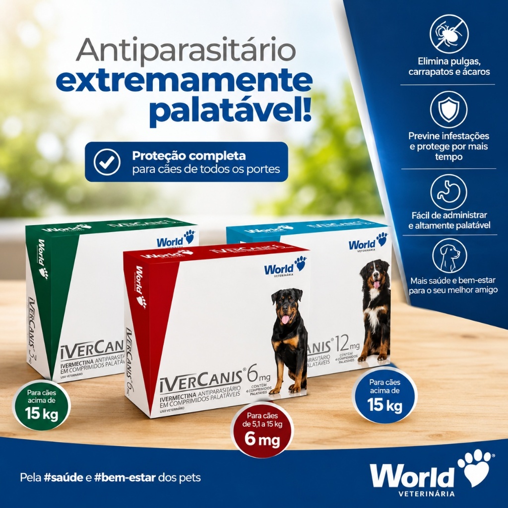 Remedio para carrapato, pulgas e sarna Ivercanis 3MG, 6MG E 12MG Cartela com 4 Comprimidos - World