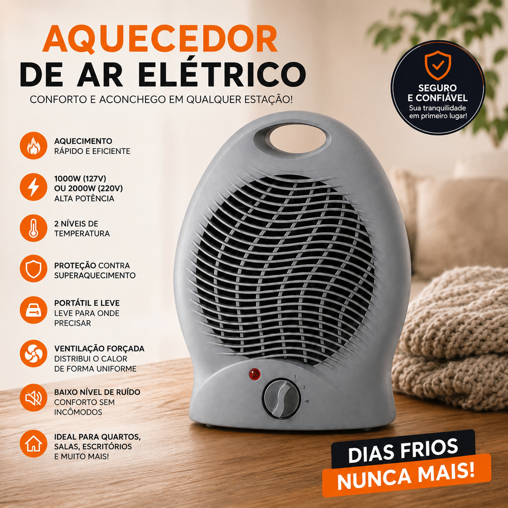 Aquecedor Elétrico Portátil 1000W 127V ou 2000W 220V Ventilador de Ar Quente Compacto para Quarto Sala Escritório