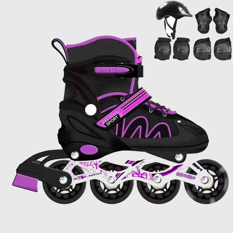 Patins Inline Infantil Ajustável Preto com Roxo Meninos Com Kit Proteção Meninas