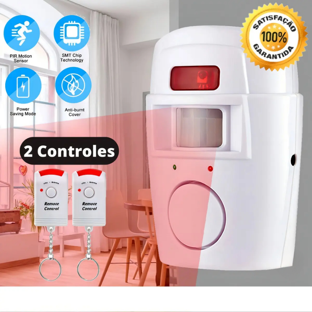 Alarme Residencial Infravermelho 105dB 120° 10m Alimentado por Pilhas com Sirene e Controle Remoto