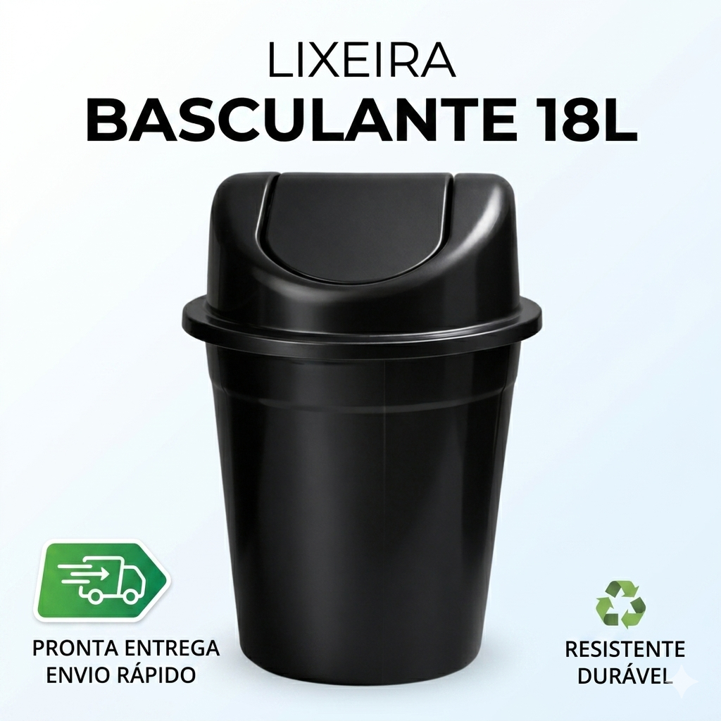 Lixeira Basculante 18 Litros Cozinha Banheiro Tampa Vai e Vem Preta Grande Escritório Resistente