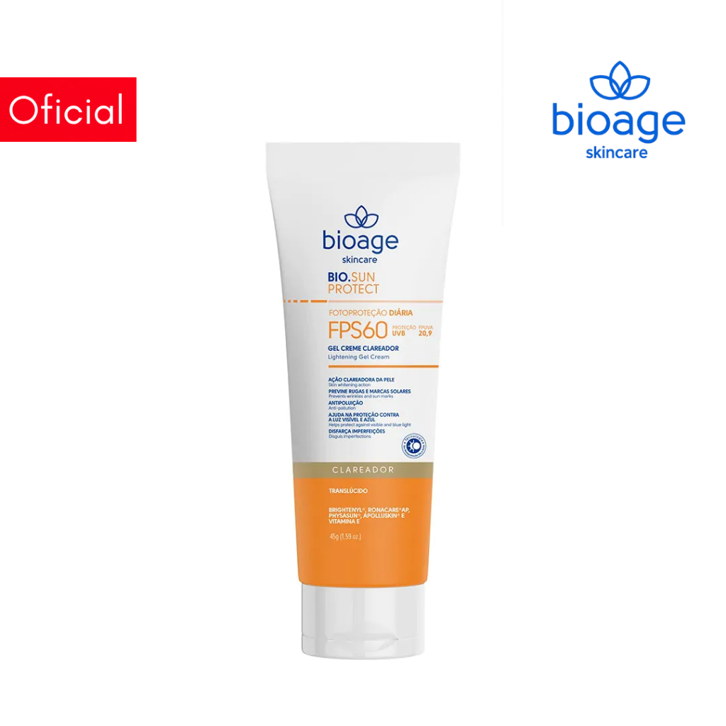Protetor Solar Facial Clareador FPS 60 Translúcido Previne Rugas 45g - Bioage
