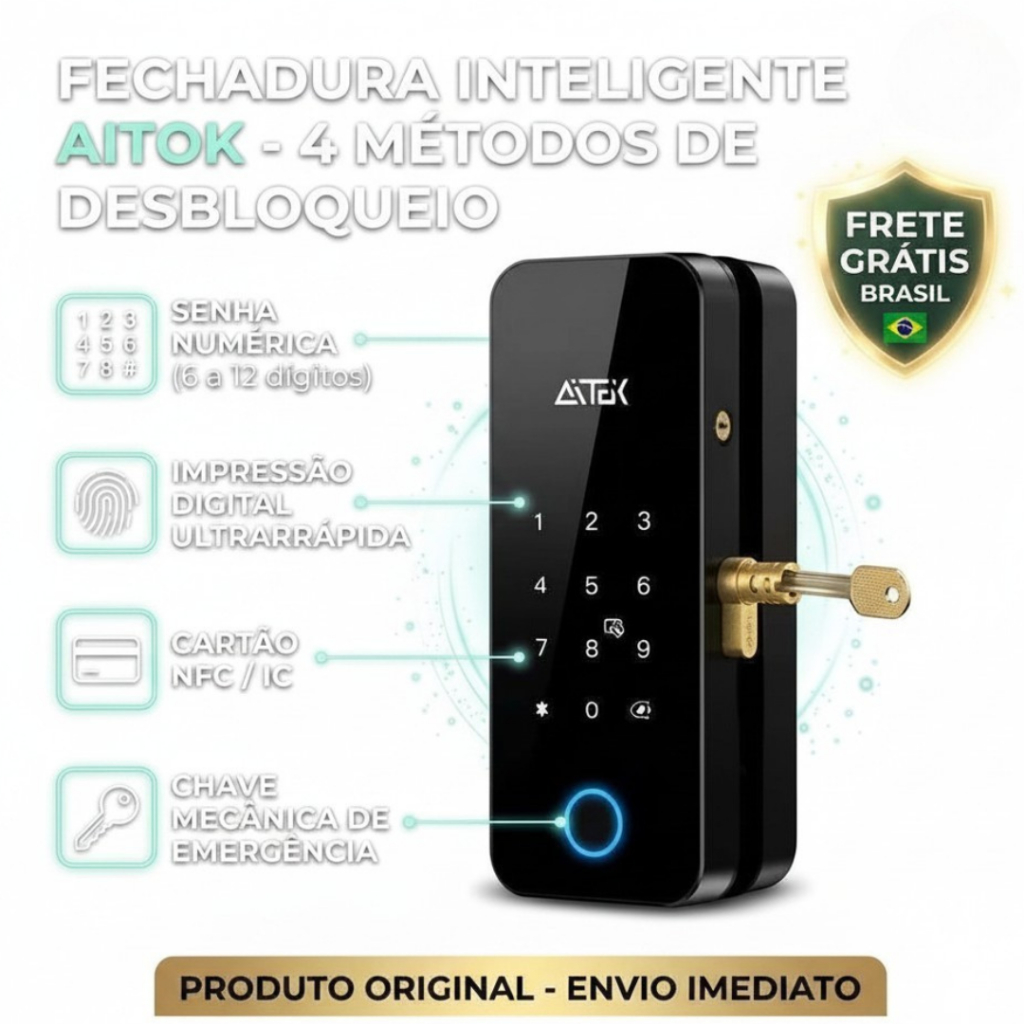 Fechadura Digital Biométrica Sem Furo para Porta de Vidro 4 Métodos 0.5s Desbloqueio