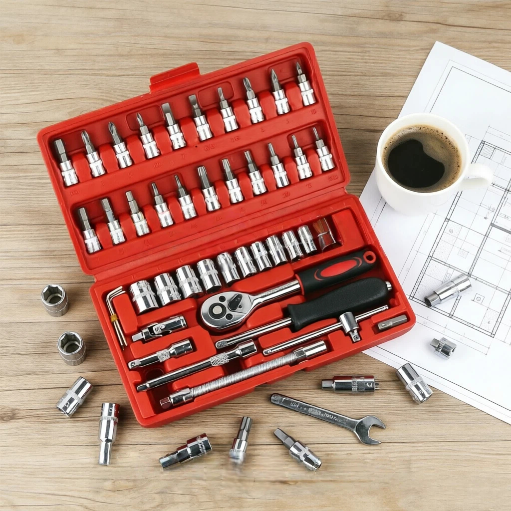 Kit De Ferramentas 46 Peças Jogo De Soquetes Chave Catraca Reversível Com Maleta Jogo De Ferramentas Completo