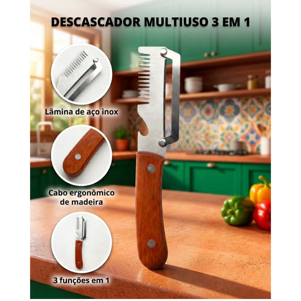 Descascador de Legumes Frutas 3 em 1 Multifuncional Aço Inox Fatiador Batata Cenoura Cabo Madeira