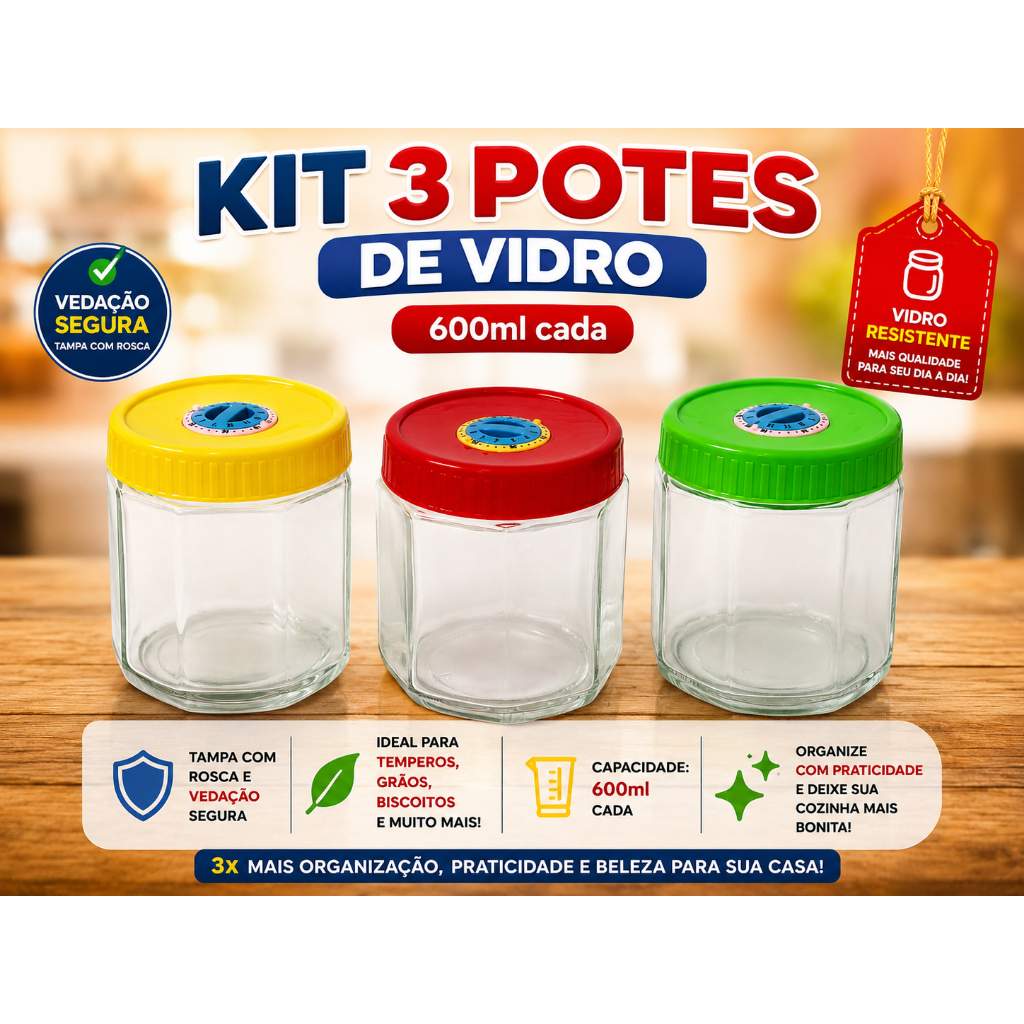 KIT  Pote de Vidro-  Pote Hermético 600ml com Tampa Rosqueável | Organizador de Alimentos e Mantimentos- kit potes