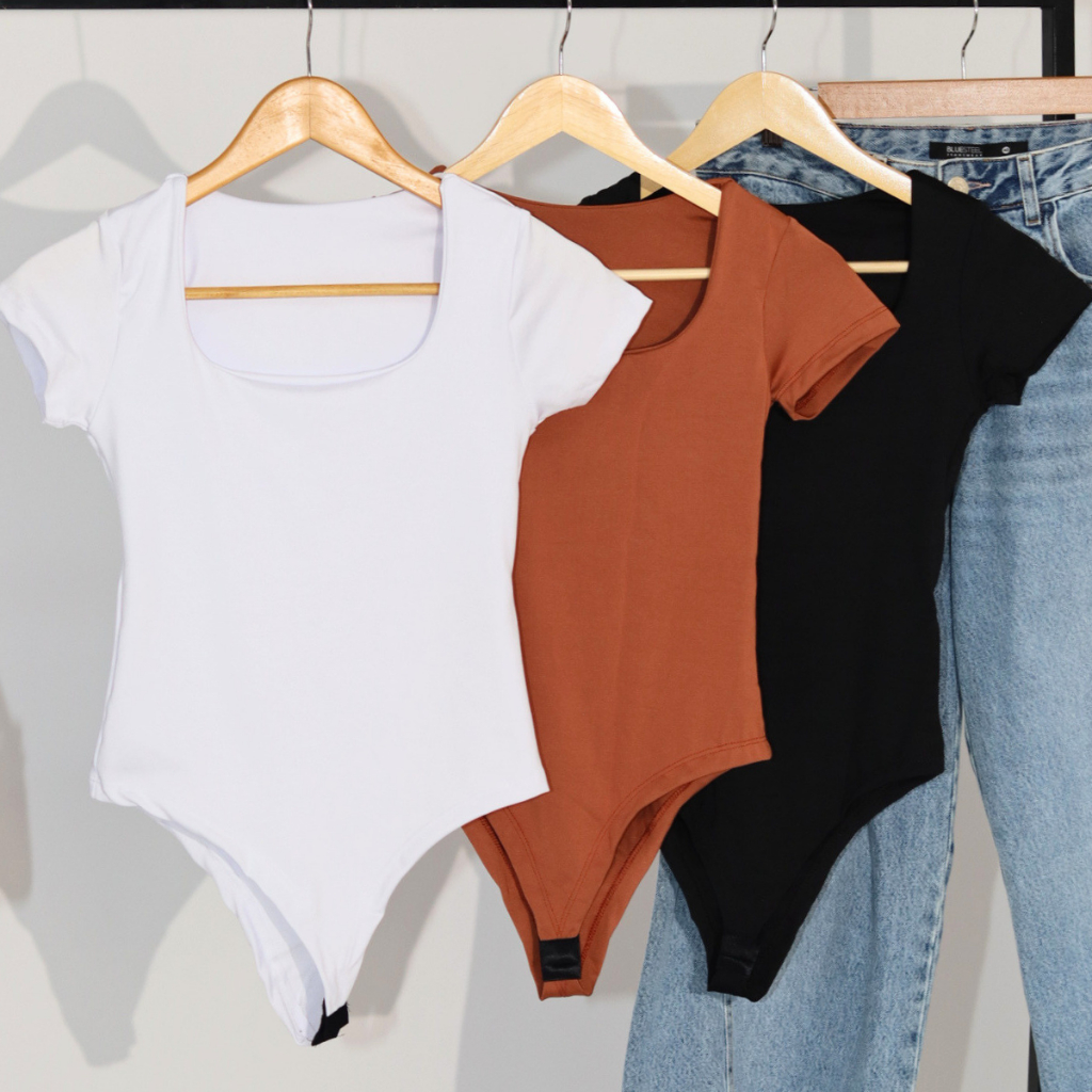 Kit 3 Body Feminino Decote Quadrado Manga Curta Tecido Suplex Moda Verão Tendência
