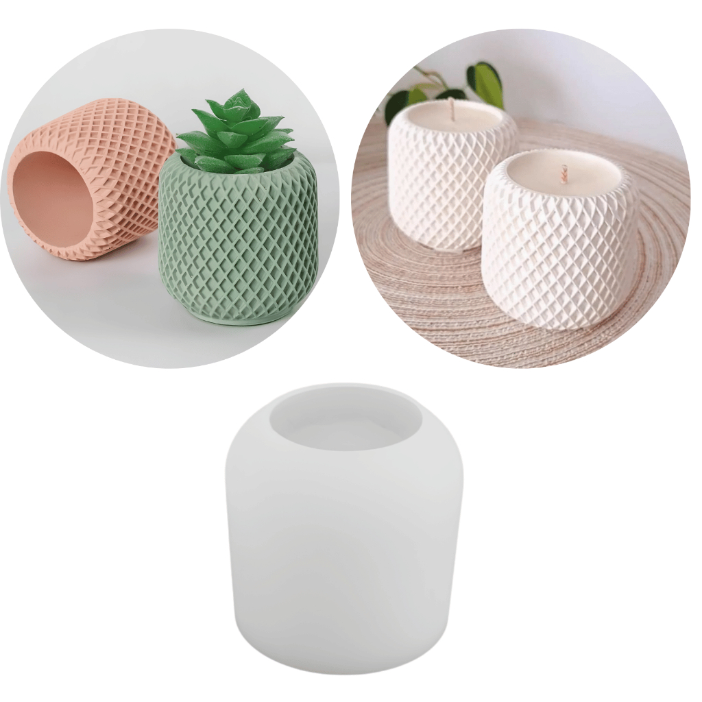 Molde de Silicone Pote Decorado Losango 3D Cimento Resina Gesso Velas Forma Potes Vaso Suculenta