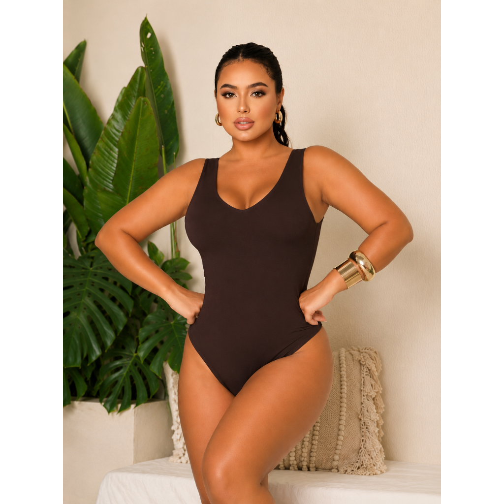 Body Feminino Regata Decote V Forro Duplo com Fecho em Suplex Premium