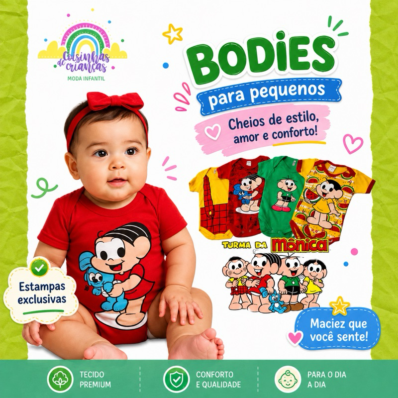 Bodie Mônica Cebolinha Magali Cascão Body temático mesversario turma da Mônica bori