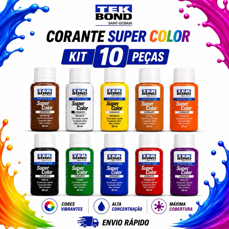 Kit 10 Corantes Pigmento Líquido 50 ml TekBond para Tinta Acrílica e Látex Crie novas Cores