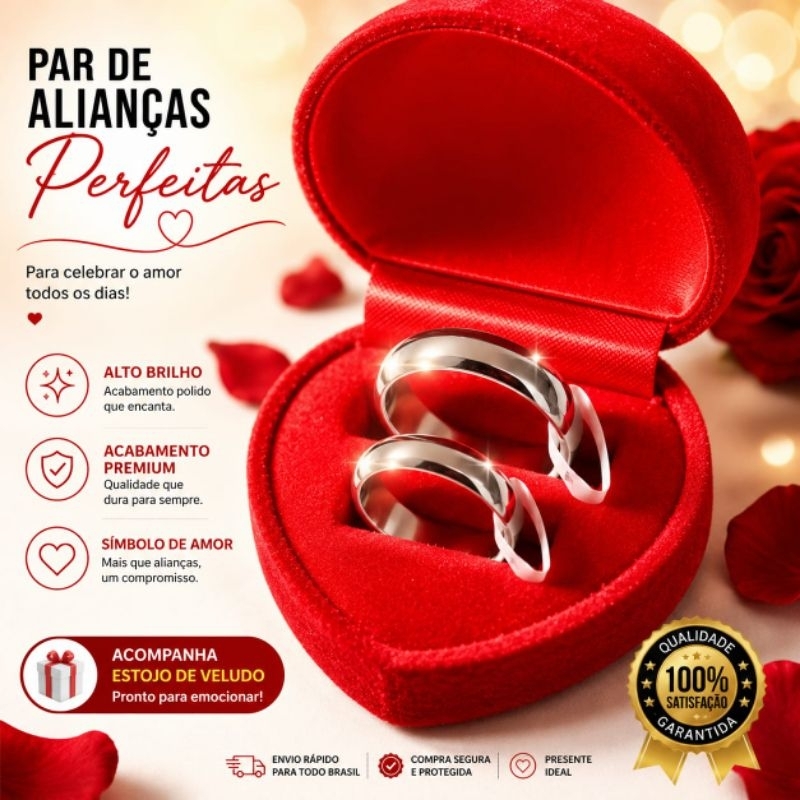 Par de Aliança de Namoro e Noivado Prata Aço Inoxidável de 6mm + caixa porta joia