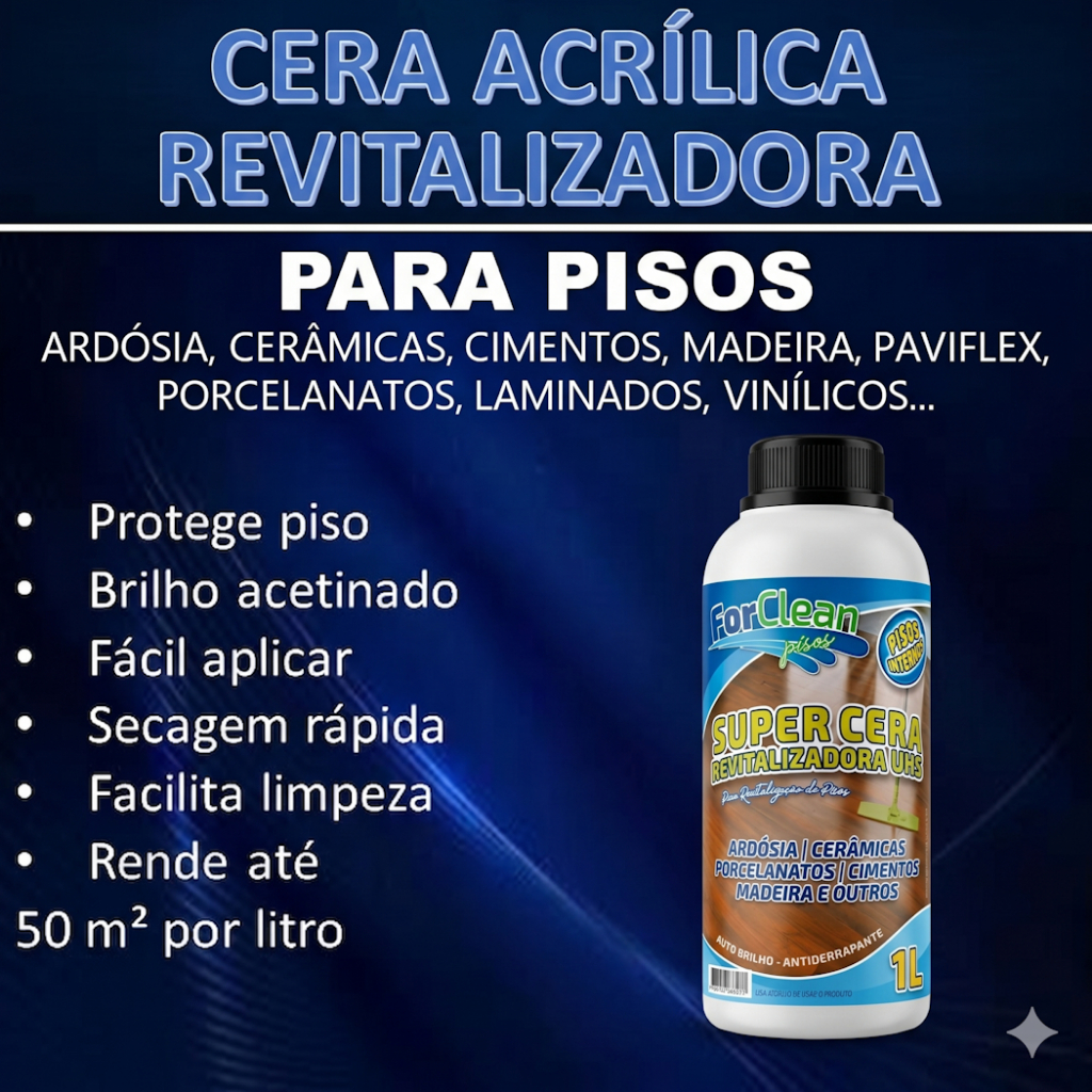 Cera de Resina Para Piso de Cerâmica Acrílica Líquida Brilhante Antiderrapante Incolor Frasco de 1 Litro Rende 50m2