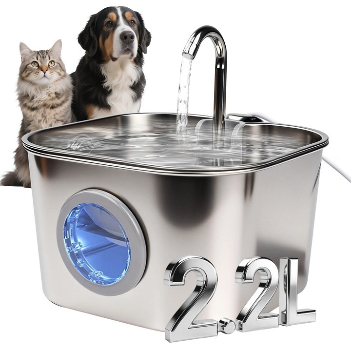 Mstail 2.2L Fonte de água para animais de estimação em aço inoxidável com filtro de carvão ativado silencioso