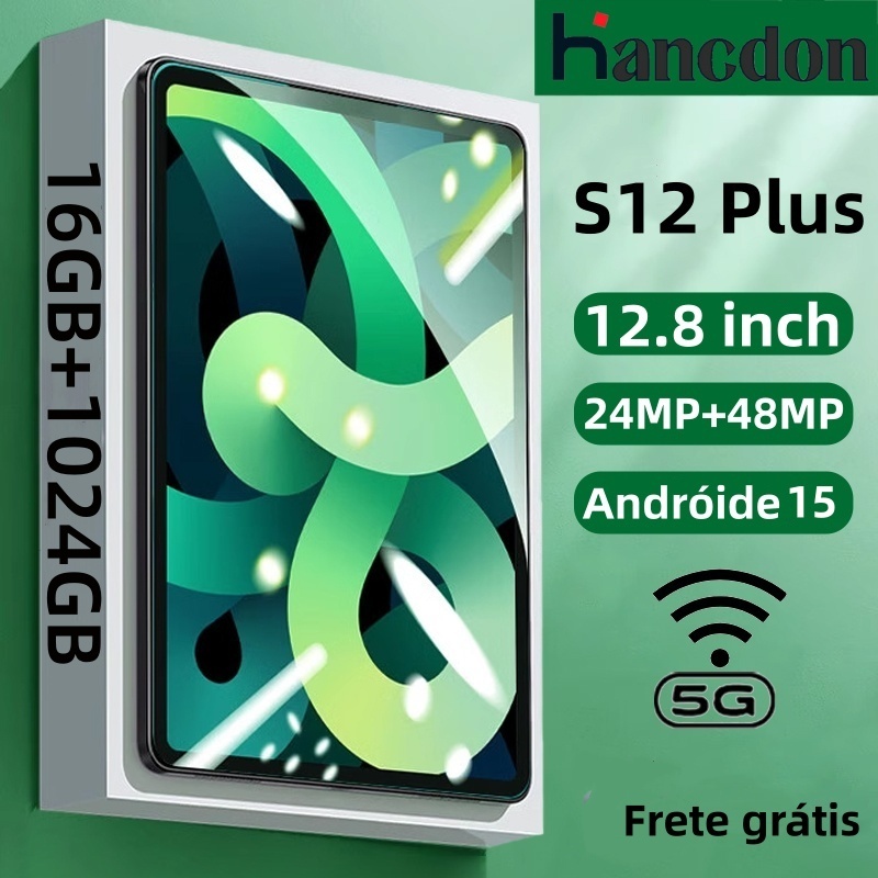 【Teclado +mouse grátis】Tablet PC Hancdon Tab S12 Plus 16GB+512GB com Android15 Bateria 10000mAh Câmera Dupla 24MP + 48MP