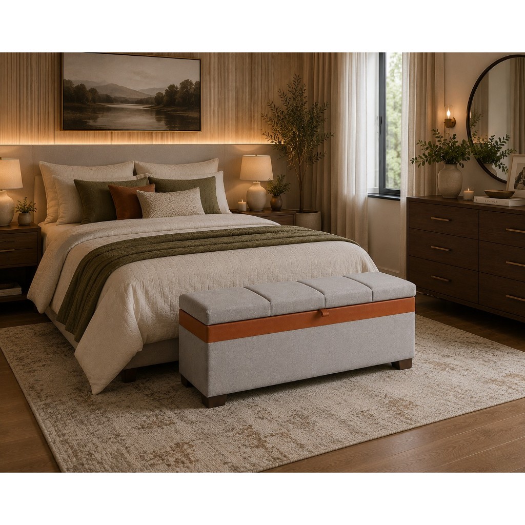 Recamier 120cm Puff Baú Em Linho Casal Organizador Moderno Sapateira Confortável Para Quarto