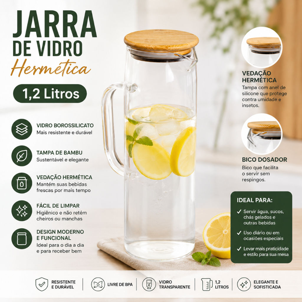 Jarra De Vidro Borossilicato  1,2 Litro Com Tampa De Bambu e inox Garrafa de Suco