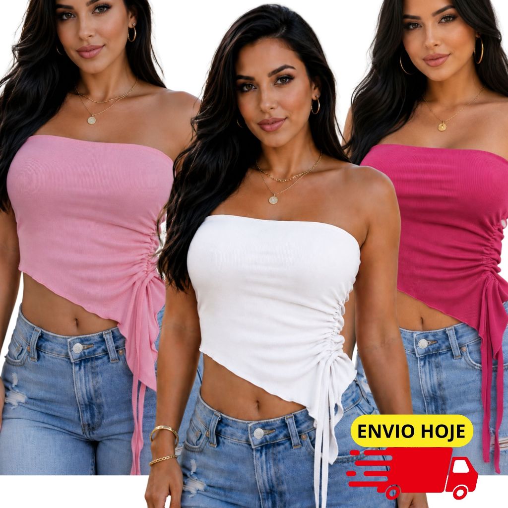 Cropped Feminino Tomara Que Caia Canelado Com Bojo Estiloso Blogueira