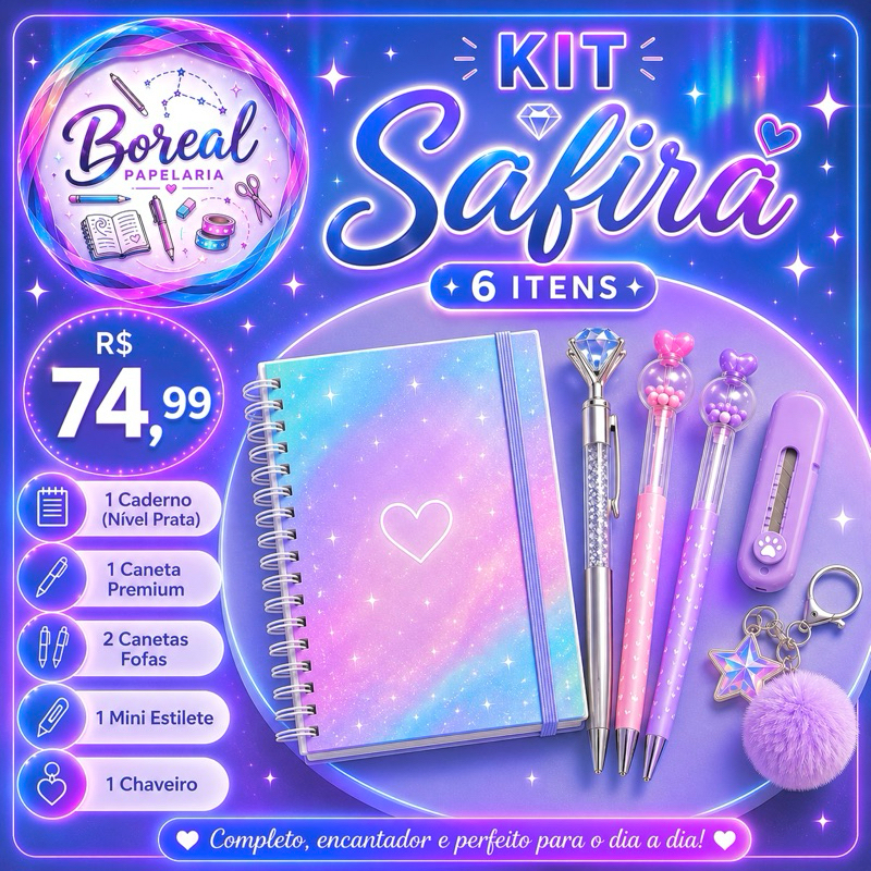 Kit Safira 6 itens de Papelaria | Boreal Papelaria