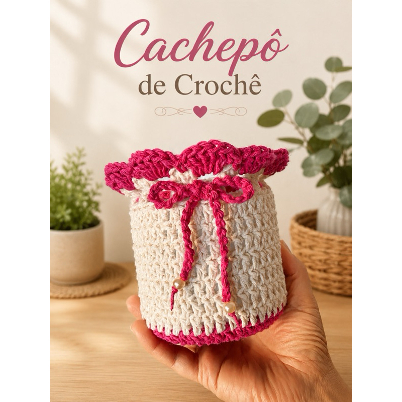 Cachepô de Crochê Pote Organizador Decorativo Porta Objetos Treco Vaso Multiuso Cesto Cômoda Quarto de Bebê Feito à Mão