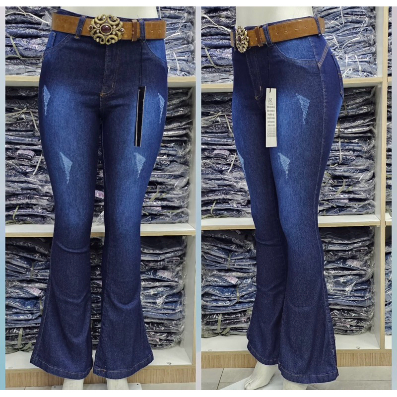Calça Feminina Jeans Flare Lisa Básica Rasgada Jeans médio Moda Elastano