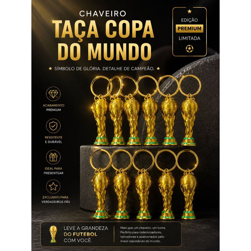 Kit 10 Chaveiros Mini Taça Da Copa Do Mundo Ouro Premium 5cm Foto Real Futebol Colecionador
