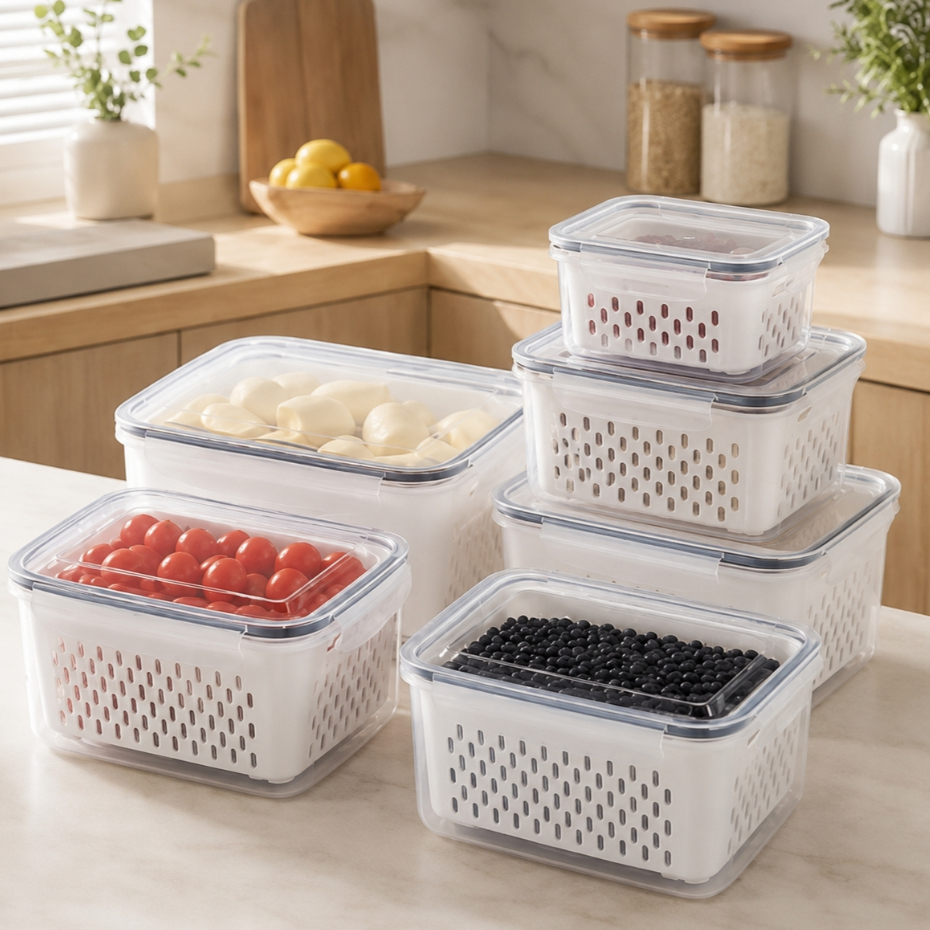 Kit 3 Organizadores de Geladeira 0.8,1.7,3.15 Litros Cesto com Tampa Multiuso Alimento Verdura e Vegetal