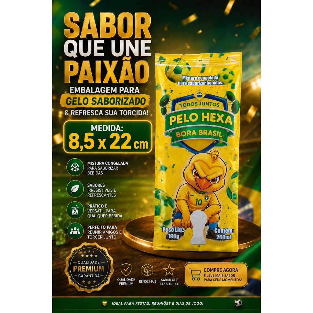 Embalagem para Gelo Saborizado Tema Copa do Mundo 200 Unidades por pacote -Medida 8,5 x 22 cm / Bopp Pérola