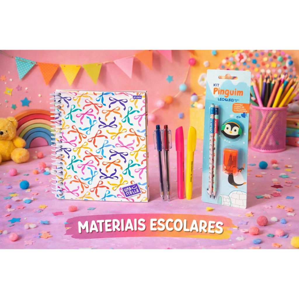 Kit Escolar  com Caderno 10 Matérias, 3 Canetas, Kit Escrita e Marcador de Texto para Estudantes