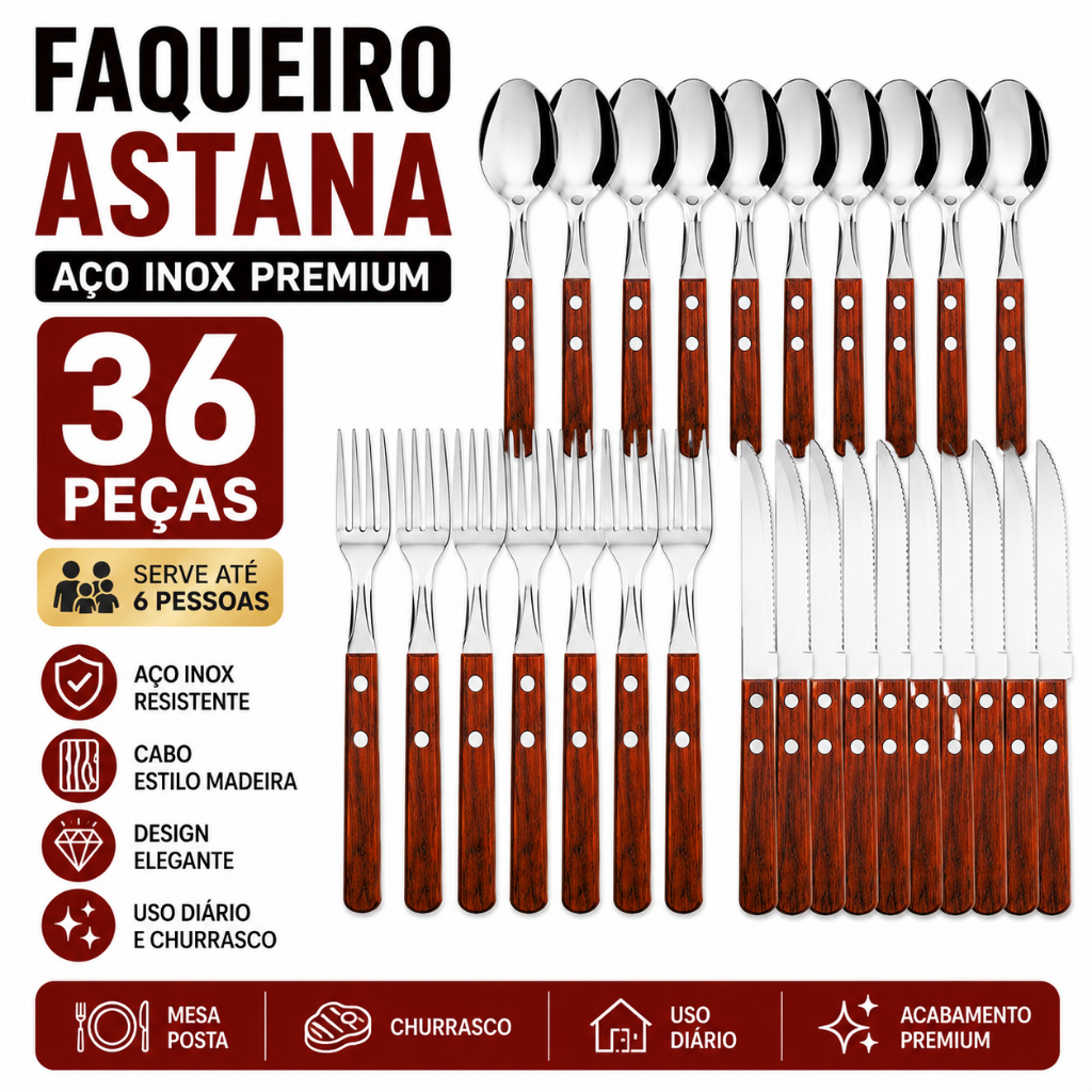 Jogo De Talheres Com Cabos Madeira Astana Com 36 Peças Garfos Facas Colheres Jantar Almoço