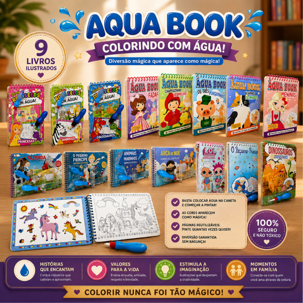 Agua Book Infantil Colorir Com Água Reutilizável Desenhos Mágicos Educativo Para Crianças Aquabook