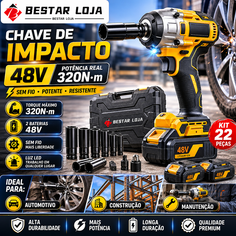 BESTAR LOJA Chave de Impacto 48V 320N·m Sem Fio 2 Baterias Kit Completo 22 Peças para Automotivo e Construção