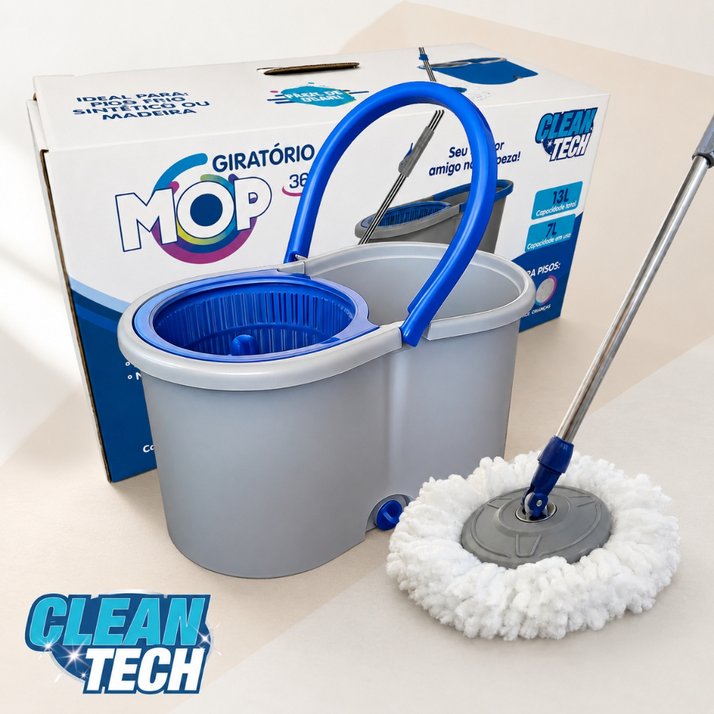 Esfregão Mop Giratório 360 Para Limpeza de Piso - Balde de 13 Litros e Pano de Microfibra