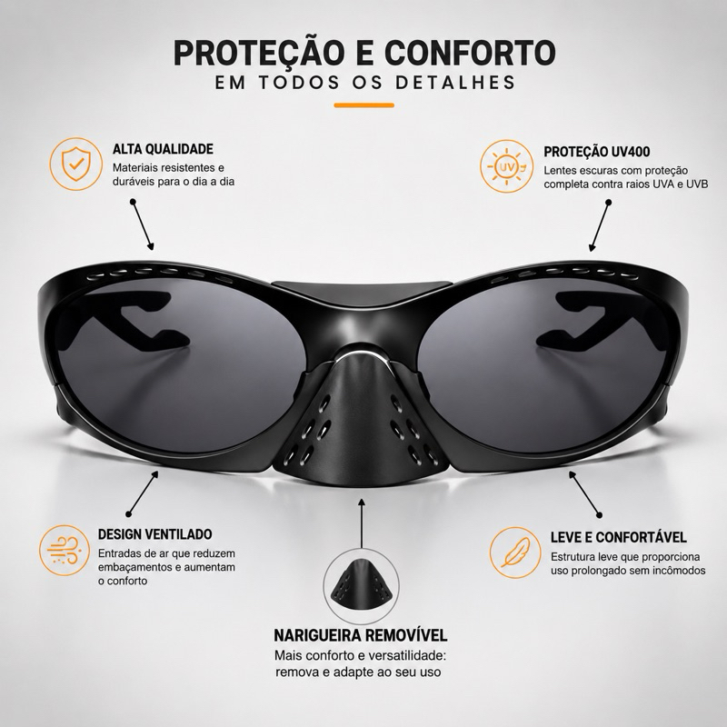 Óculos de Sol Esportivo com Narigueira Removível | Leve e Confortável
