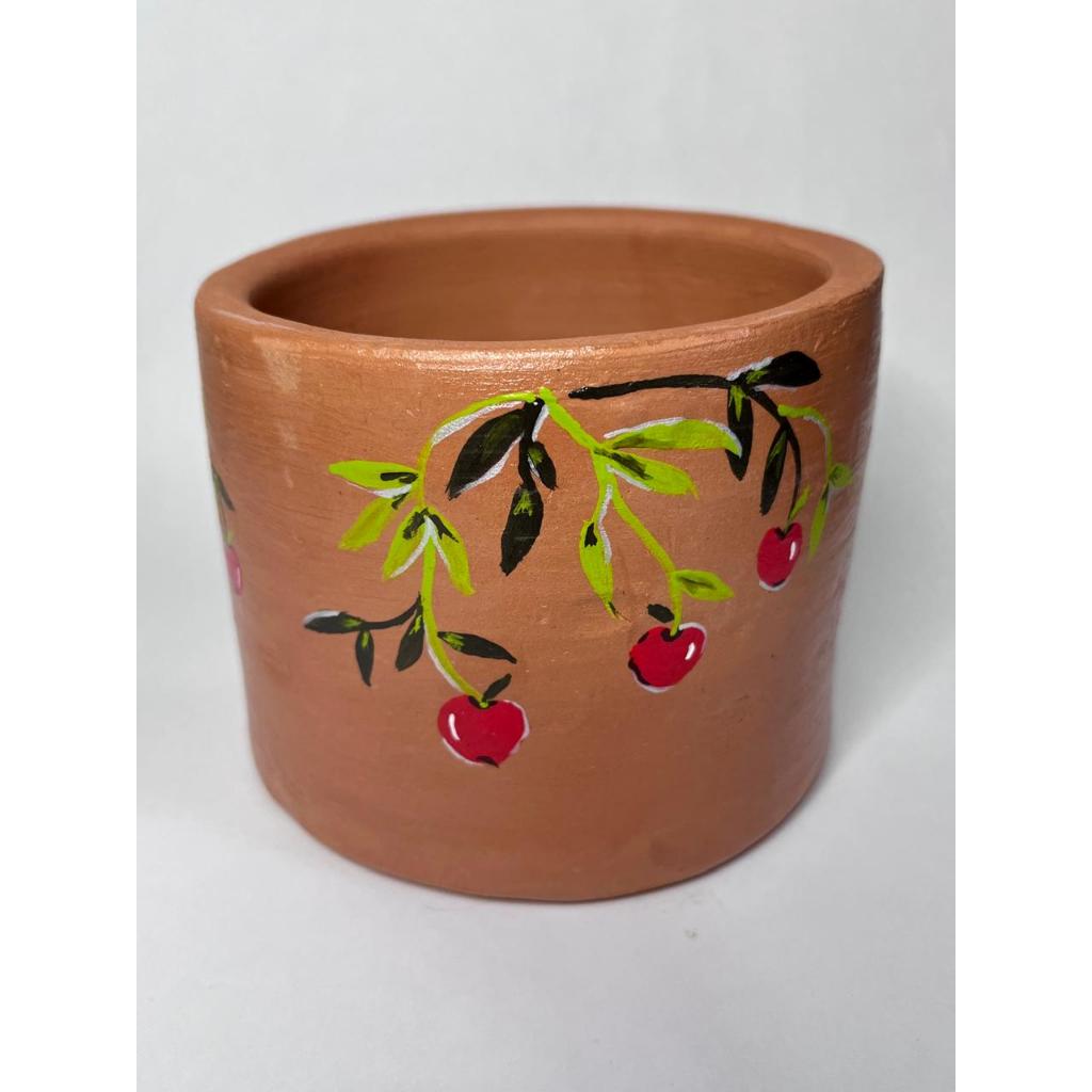 Vaso de Barro Cerâmico Com Pintura Minimalista Feita a Mão de Maçãs - Decoração Minimalista, Criativa e Artesanal