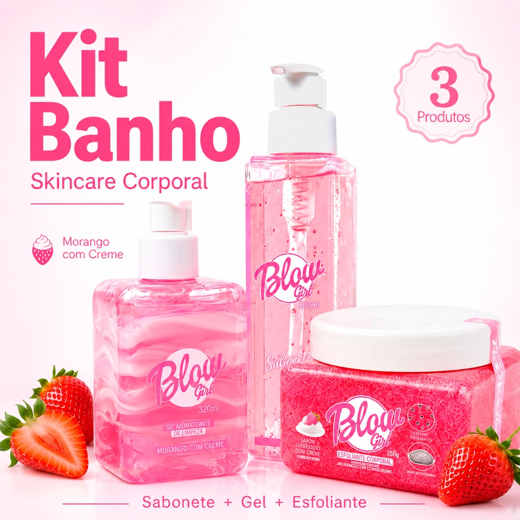 Kit Skincare No Banho Morango Blow Girl Sabonete Esfoliante Hidratante Pele De Seda