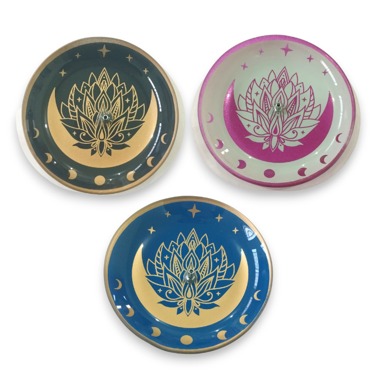 Porta Incenso Elegante Estampa Flor de Lótus Redondo 13 cm de diâmetro Rosa e dourado Azul e dourado