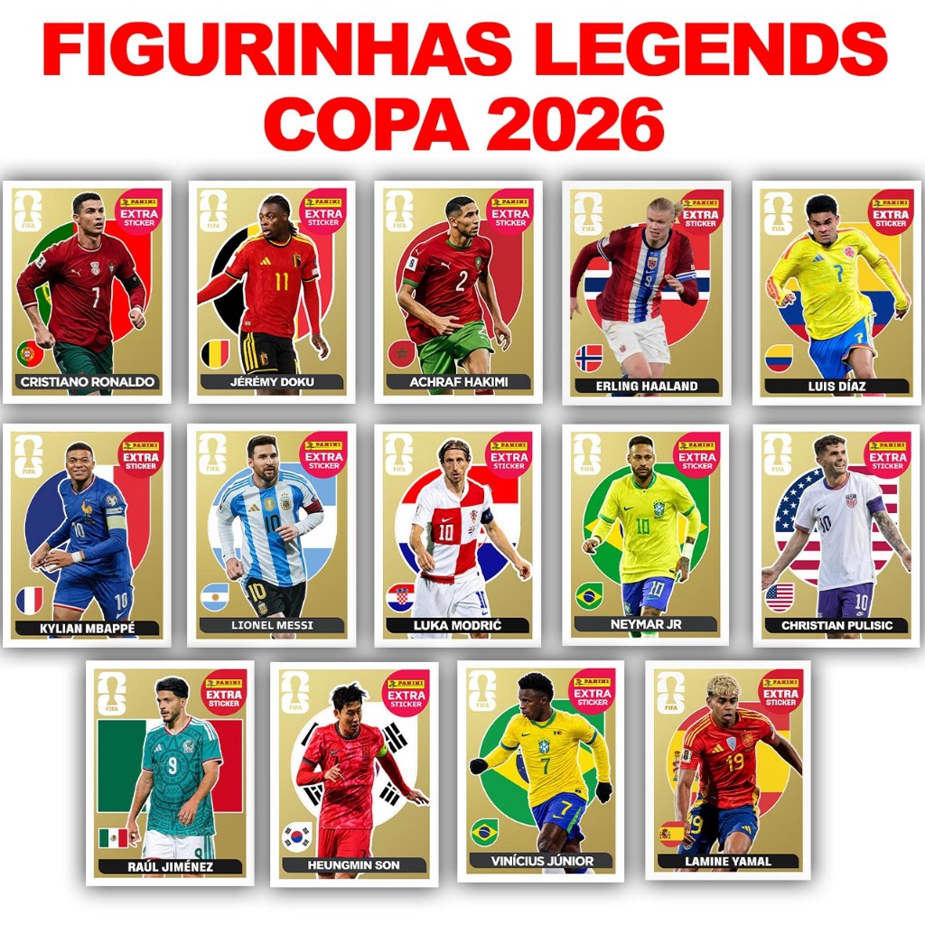 Figurinhas Legends Copa do Mundo Cristiano Ronaldo - OURO -Extra Sticker Neymar  - Messi - Halland - Mbappe - Vini jr