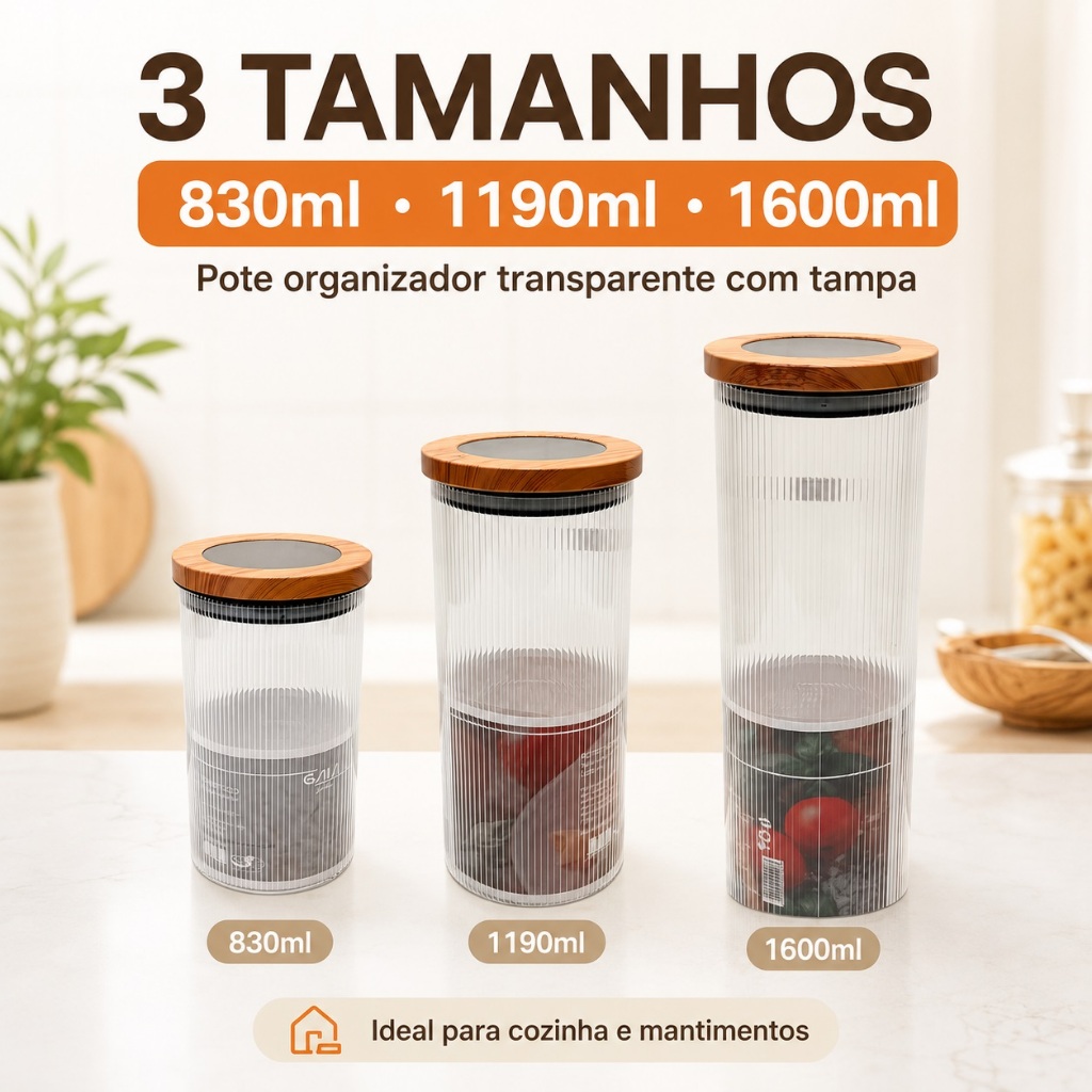 Pote Organizador Porta Mantimentos Pote Transparente Com Tampa 3 Tamanhos 830ml 1190ml 1600ml