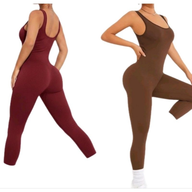 Macacão feminino canelado longo com Bojo removível modelo costa regata para academia yoga e treinos