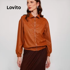 Jaqueta Bomber Manga Longa Couro Lovito Fake Moda Feminina Basica JKB444BRL473