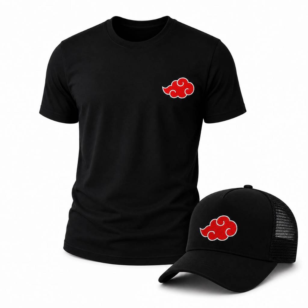 KIT COMPLETO CAMISETA E BONE AKATSUKI NARUTO ANIME CONJUNTO MASCULINO ROUPA BASICA  BONÉ NUVEM