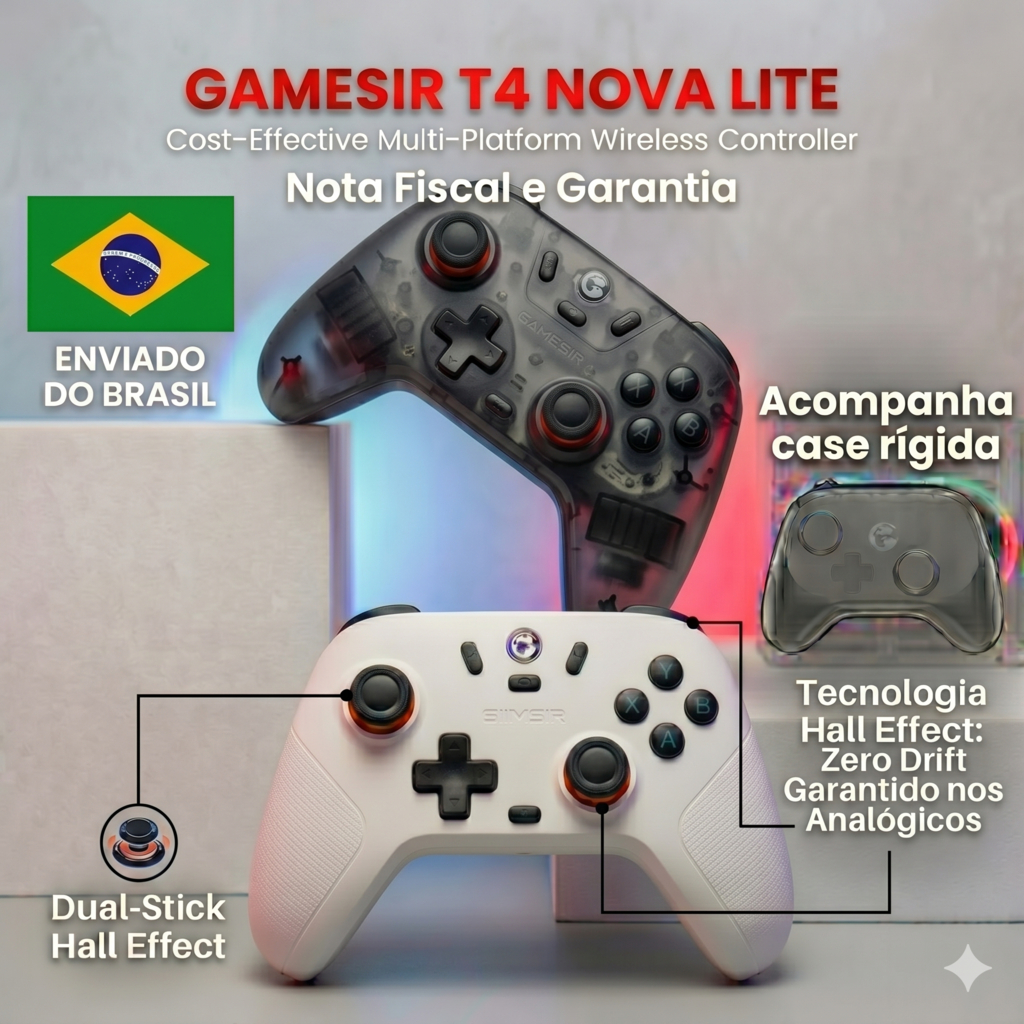 Gamesir controle T4 Nova Lite Hall effect Analógicos magneticos + Estojo rigido + Adaptador sem fio