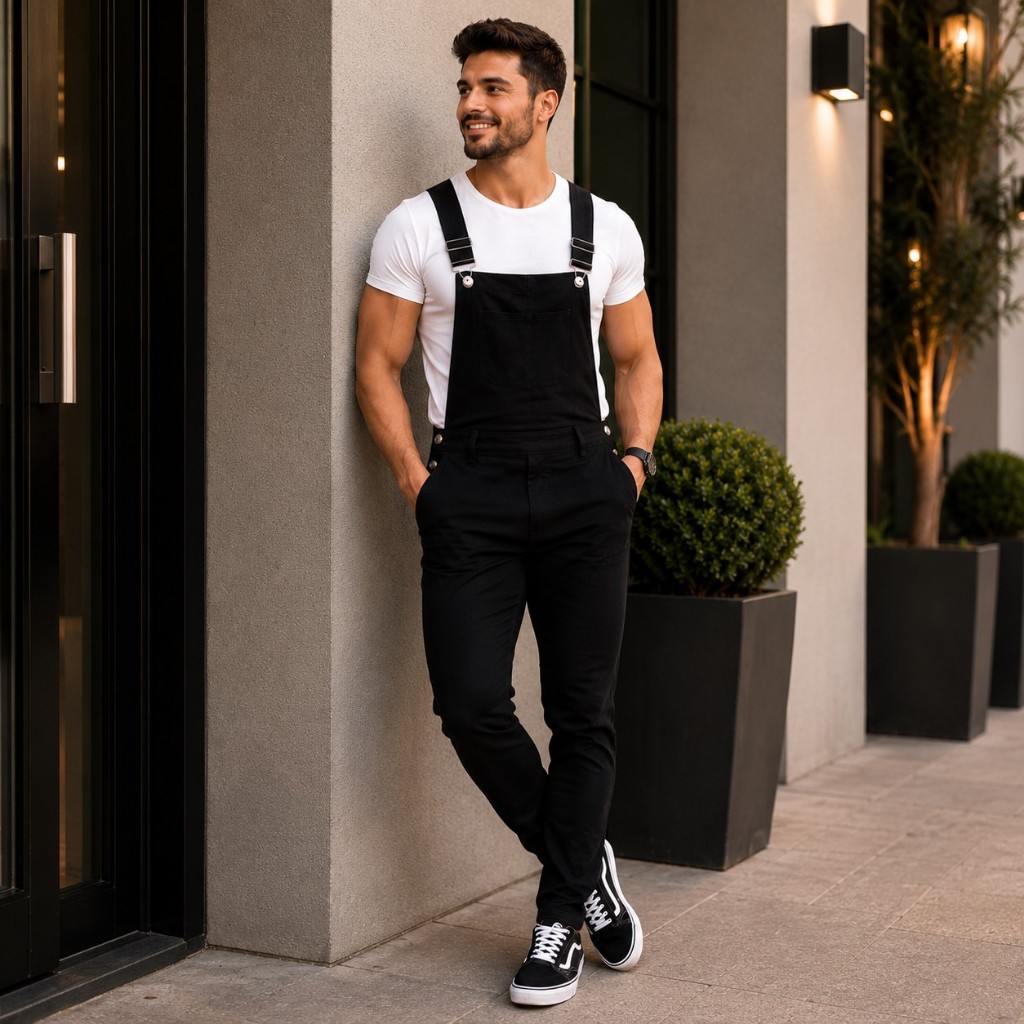 Macacão Masculino Jardineira Premium com Elastano Slim Ajustável Casual Moderno