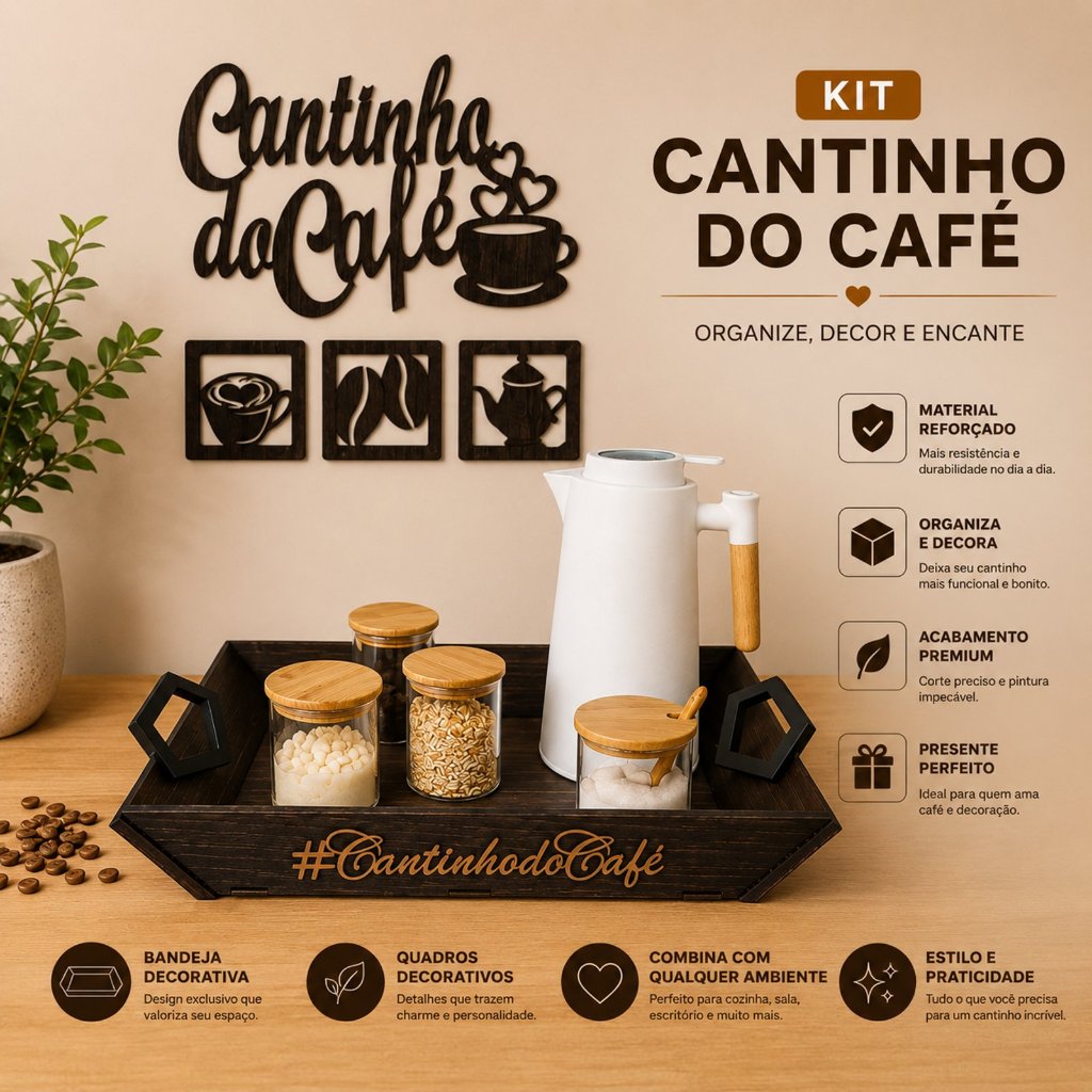 Kit Cantinho do Café Bandeja Diamante + Quadro Vazado em  Mdf Marrom