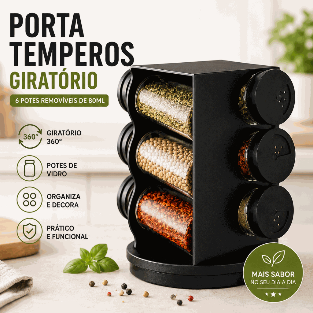 Porta Condimentos Giratório Plástico Preto 6 Potes Removíveis 80ml Organizador Temperos Cozinha