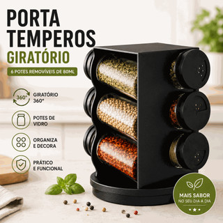 Porta Condimentos Giratório Plástico Preto 6 Potes Removíveis 80ml Organizador Temperos Cozinha