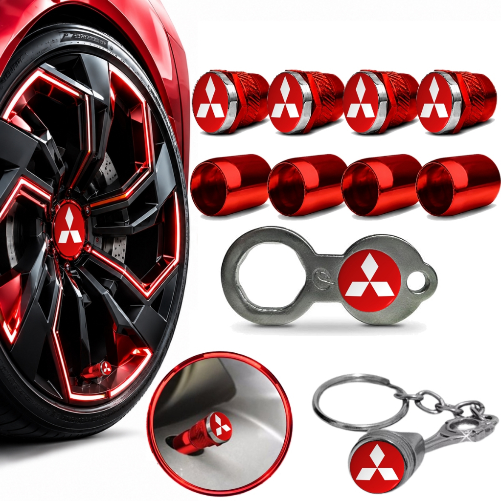 Jogo Antifurto Vermelho para 04 Rodas Mitsubishi Roda Metal Inox Tampa Válvula Pneu Pito