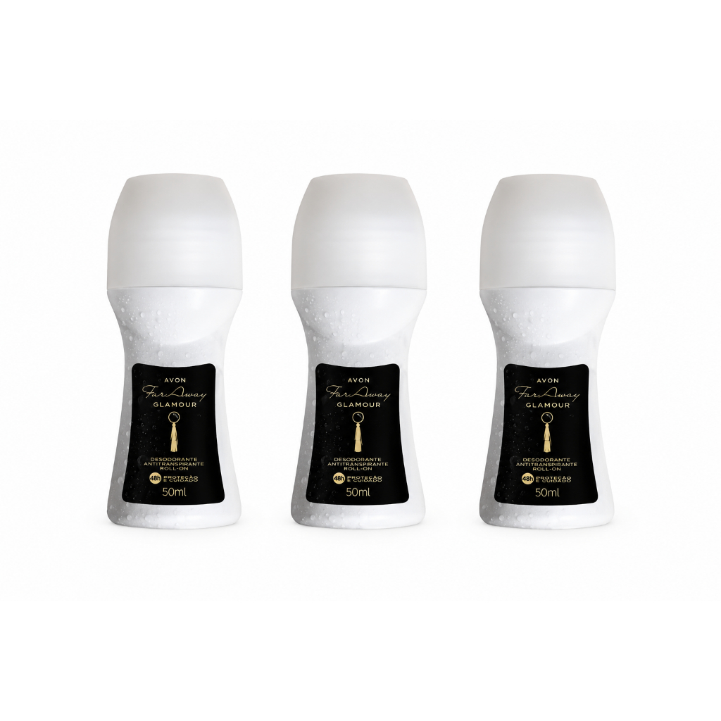 Kit com 3 Desodorantes Roll- Far Away Glamour - AVON - 50ml - Proteção 48h, Fórmula Suave, Absorção Rápida e Eficaz